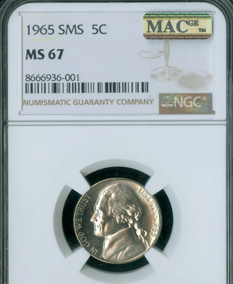 1965 SMS JEFFERSON NICKEL NGC MS67 PQ MAC SPOTLESS . - Image 1 of 2