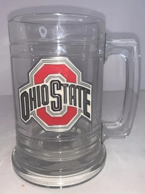 OHIO STATE Glass Mug Cup BUCKEYES 5 1/4” Metal Logo - Image 1 of 4