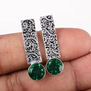Lab Created Emerald Gemstone 925 Sterling Silver Handmade jewelry Earring - Picture 1 of 3