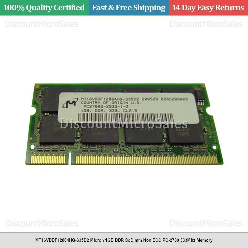 MT16VDDF12864HG-335D2 Micron 1GB DDR SoDimm Non ECC PC-2700 333Mhz Memory - Image 1 of 1