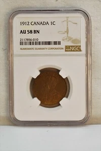 Moneda de 1 centavo Canadá 1912 Jorge V (NGC AU 58 BN AU58BN) - Imagen 1 de 2