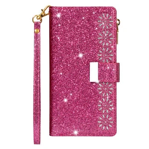 Glitter Zipper Wallet Phone Case For iPhone 16 15 14 13 12 11 Pro Max XR 8 7 SE - Picture 1 of 17