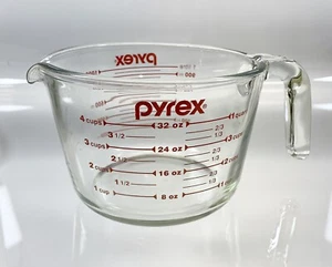 Pyrex 4 Cup Measuring Cup 1 Liter Clear Glass Red Letters 32 Oz Made In The USA - Picture 1 of 10