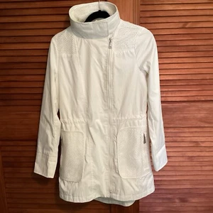 Womens T TAHARI Alexa White Mesh Asymmetrical Zip Hooded Raincoat/Jacket size XS - Picture 1 of 6