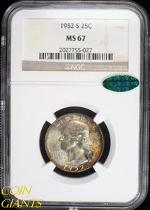 1952-S Washington Quarter Dollar NGC MS 67 CAC Sticker GEM BU UNC 25c High Grade - Picture 1 of 5