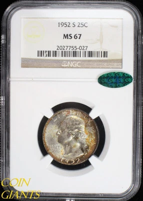 1952-S Washington Quarter Dollar NGC MS 67 CAC Sticker GEM BU UNC 25c High Grade - Image 1 of 4