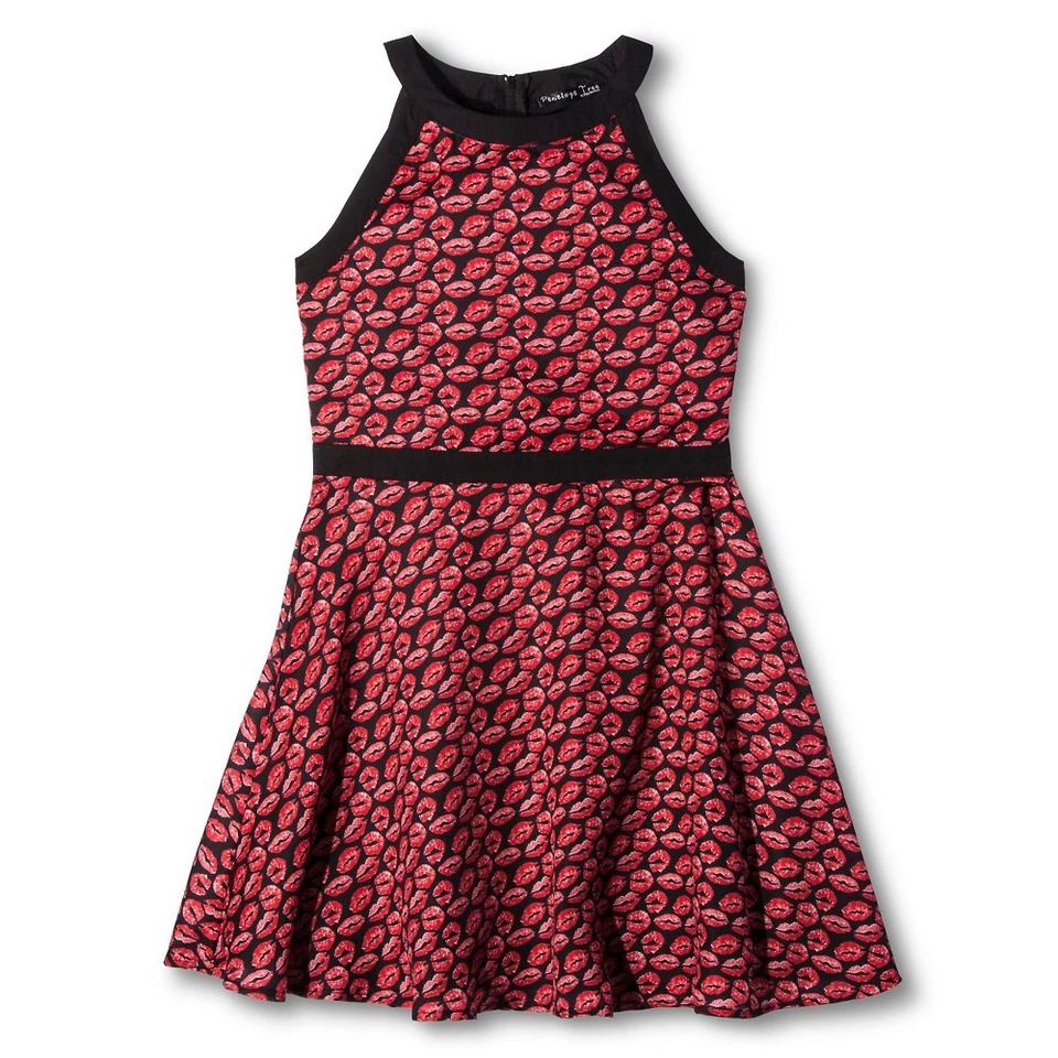 Girls' Penelope Tree by Miss Behave Lips Pattern Black Skater Dress - S XL       - Image 1 of 1