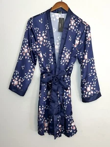 Morgan Lane NEW Floral Print Belted Satin Robe Navy Blue Pink Soft Comfy S / M - Picture 1 of 9