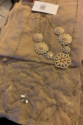 NEW Anne Klein Beaded Scarf Beige With Floral Design- Necklace Included - Image 1 of 4