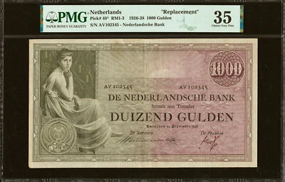 Netherlands 1000 Gulden 24.9.1938 Pick-48* Replacement AV102345 Very Fine PMG 35 - Image 1 of 2