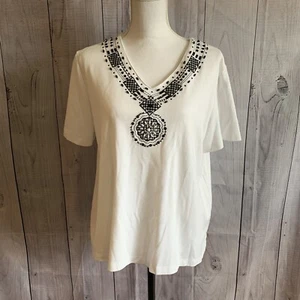 Alfred Dunner Short Sleeve Top, Size Large, V-Neck, White - Picture 1 of 9