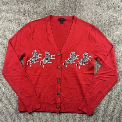 J Crew Womens M Merino Wool Cardigan Sweater V Neck Preppy Novelty Red Zebra - Image 1 of 4