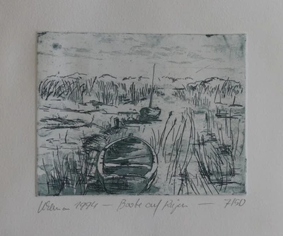 Radierung Horst Uhlemann, handsigniert Original, Boote auf Rügen 7/50 - Bild 1 von 2