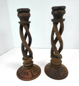 Vintage Kerzenständer Halter offen Gerste gedreht Holz Paar handgeschnitzt - Bild 1 von 12