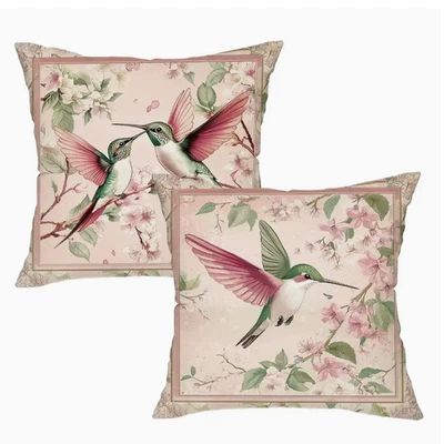 Fundas de almohada Chinoiserie 2 un. - 18x18 pulgadas - Flores y colibríes - Lino de alta calidad Foto 1 de 4