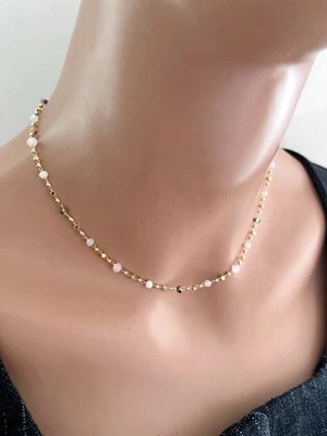 Collar de cadena con cuentas de oro collar de cuentas de cuarzo rosa collar gargantilla de cadena de oro Foto 1 de 4