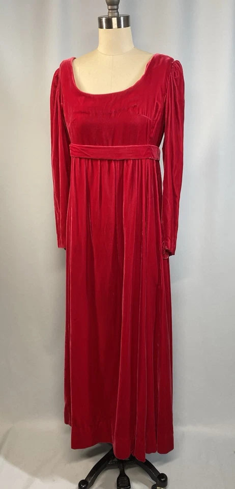 Vestido Estilo Bridgerton De Colección TALLA PEQUEÑA Rojo Terciopelo Cintura Imperio Hecho a Mano Años 60 70 Foto 1 de 4