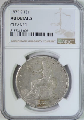 Dólar de plata comercial de Estados Unidos 1875 S con Chopmark chino/japonés NGC AU detalles Foto 1 de 4