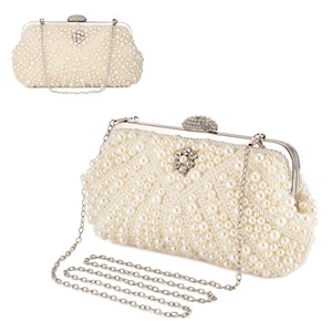 Women Pearl Clutch Bag Noble Crystal Beaded Evening Bag Wedding Clutch w/ Chain - Picture 1 of 12