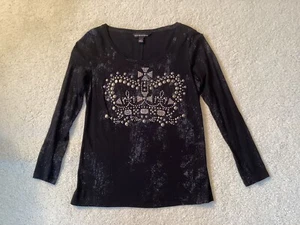 Rock & Republic Black Studded Crown Long Sleeve Tee Pullover Top Shirt Size XS - Picture 1 of 10