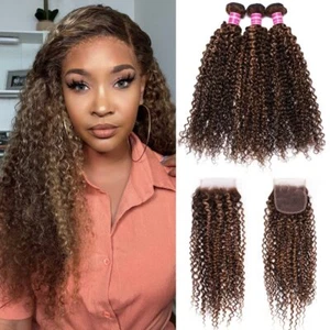 UNice Highlight Blonde Curly Bundles with Lace Closure Human Hair Extension Weft - Picture 1 of 12