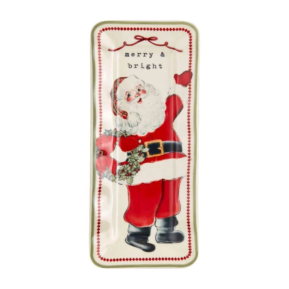 Mud Pie Home Retro Christmas Santa w Wreath Oblong Serving Tray Dish