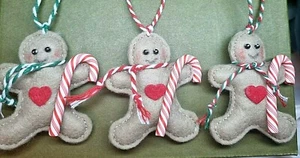 3 GINGERBREAD MEN  Christmas Tree decorations 6cm.Felt ,clay candy cane.Scented - Picture 1 of 2