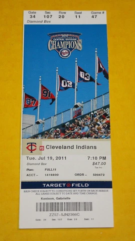 Minnesota Twins Ticket Stub | July 19 2011 | Micheal Cuddyer HR Joe Mauer Hit Cover