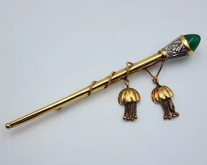 VTG Art Deco - 14k Gold Diamond Green Glass - Tassel Torch / Scepter Bar Brooch - Picture 1 of 16