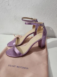 Sandalias Stuart Weitzman Nearlynude rosa brillo tacón bloque correa al tobillo talla 10 - Imagen 1 de 5