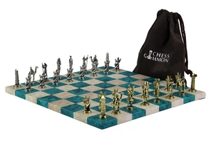 Blue Leatherette Personalised Metal Chess Set with Drawstring Bag 14 Inch - Picture 1 of 12