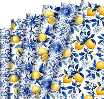 12 Sheet Chinoiserie Lemons Wrapping Paper -Not Roll- Watercolor Blue Tiles Lemo - Image 1 of 4