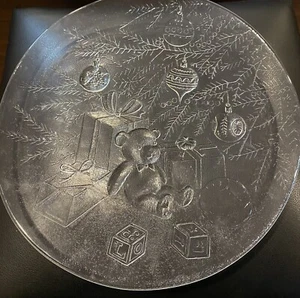 Christmas Glass Party Platter Tray w/ Teddy Bear, Tree, & Baby Blocks -12 3/4" - Picture 1 of 8