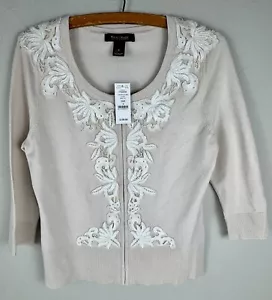 White House Black Market 3/4-Ärmel Strickjacke Reißverschluss hellbraun elfenbeinfarben Spitze Pullover Small - Bild 1 von 10
