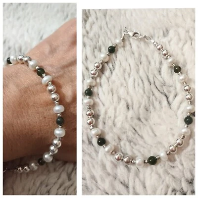 Artista feito à mão: pérola, jade colombiano britânico, pulseira de prata esterlina M/G - Imagem 1 de 4