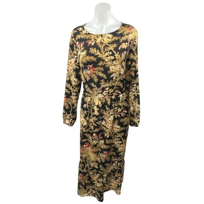 H&M Black Gold Floral Leaf Long Sleeve Tiered Ruffle Maxi Sheath Dress Size L - Image 1 of 4