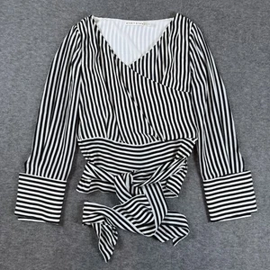 Alice Olivia Shirt Womens S Petites Black White Striped Tie Waist Silk Alba - Picture 1 of 5
