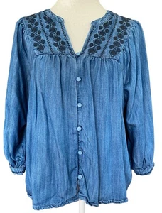 Wonderly Blue Chambray Medium Wash Embroidered Yoke Button Down Top Size PL - Picture 1 of 9