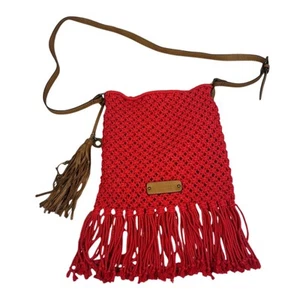 Lucky Brand Red Crochet Fringe Crossbody Bag Bohemian Hippie Festival Summer - Picture 1 of 12