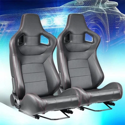 Pair Universal Reclinable PVC Racing Seats Car Seat Full Set w/Sliders Black - Image 1 of 4