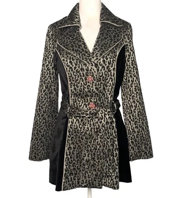 3 Sisters Multicolor Leopard Print Velvet Trim Belted Rhinestone Button Coat - Image 1 of 4