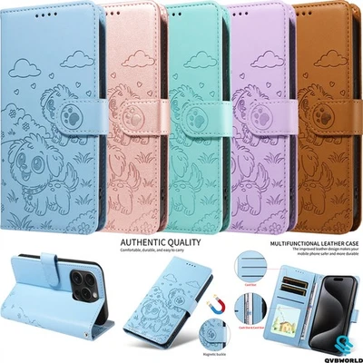 Phone Cover For iPhone 17 16 16E 15 14 13 12 11 8 Dog Embossing Flip Wallet Case - Image 1 of 4