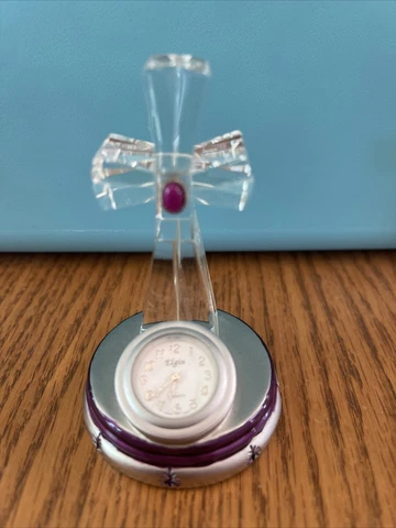 Miniature Clock With Crystal Cross Elgin Cover
