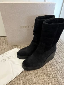 Jimmy Choo Women's Yola 80 Black Suede Shearling Lined Wedge Boots Size 40.5 - Picture 1 of 9