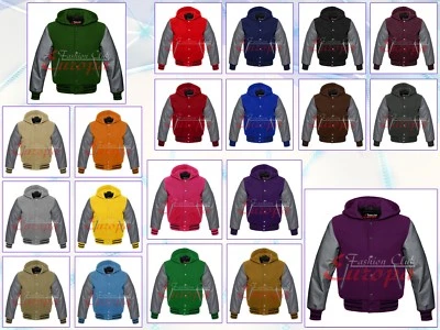 Chaqueta de lana de béisbol universitaria Letterman College sudadera con capucha cuero real mangas grises  Foto 1 de 4