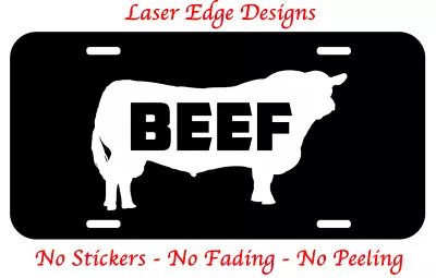 BEEF EAT Bull Aluminum Metal On Black License Plate Tag Farmer Cattle Truck Car  - Image 1 of 2