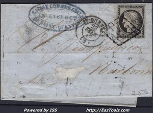 FRANCE CERES 20c N°3 SUR LETTRE GRILLE + CAD TYPE 15 SAINT QUENTIN DU 23/02/1849 - Picture 1 of 2
