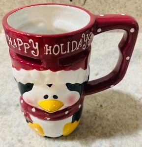 Vtg Penguin Mug Ceramic Embossed Happy Holidays Handled Cup Bowl Mug 6" - Picture 1 of 6