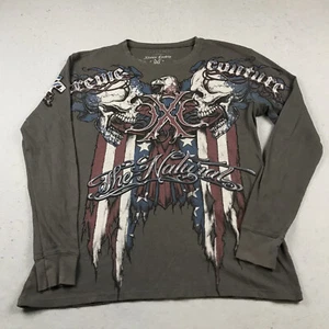 VINTAGE Xtreme Couture Shirt Mens 2XL Brown Thermal Affliction Skull Flag Y2K - Picture 1 of 9