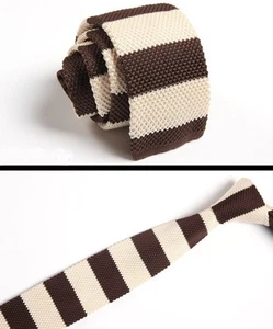 Men's Creamy Brown Striped Tie Knit Knitted Necktie Slim Skinny Woven ZZLD025 - Picture 1 of 1